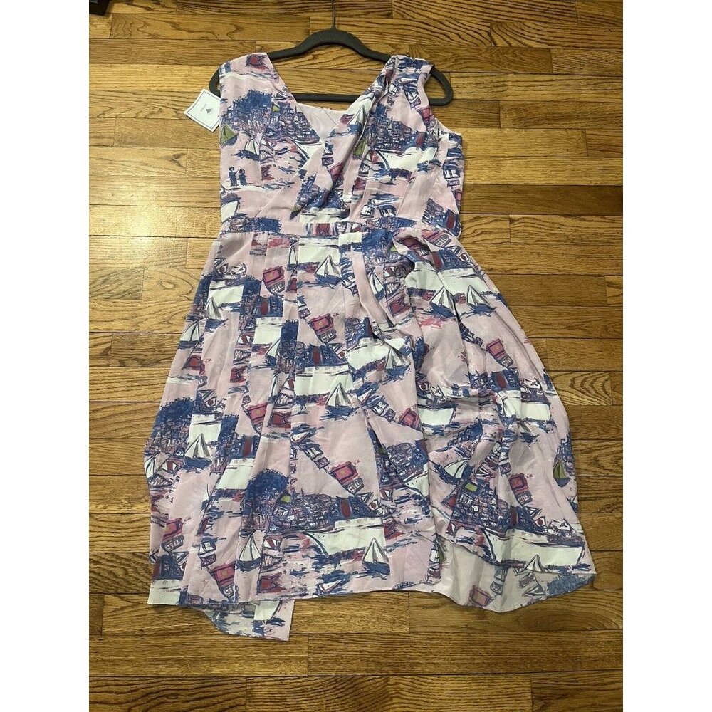 Svilu Pleated Crepe De Chine Size 6 100% Silk Dress Pink with Sailboats